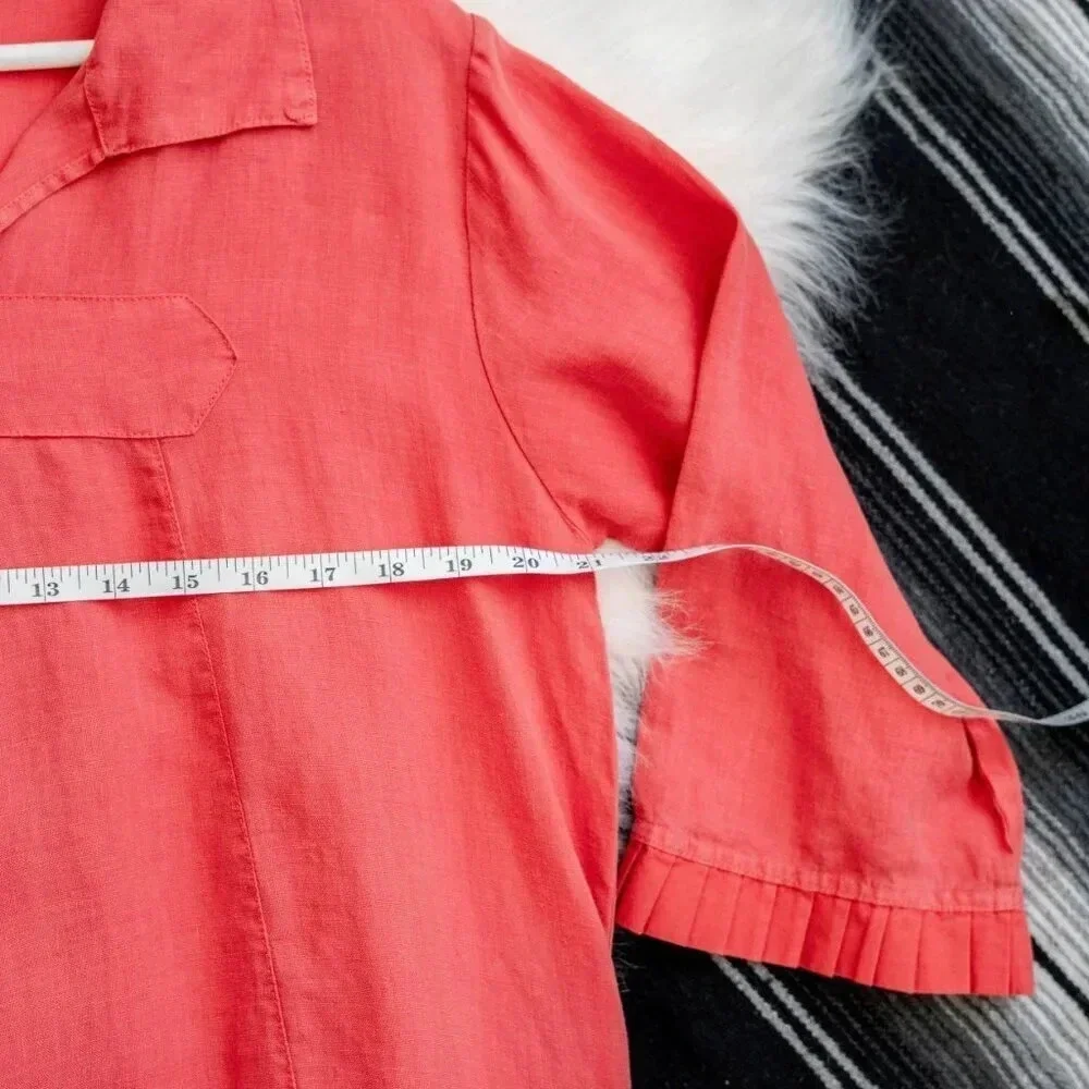 Embellish Coral Linen Blend Shift Dress Medium Pleated Ruffle Hem Collar Pockets - Picture 8 of 10